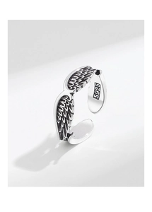 Detailed close-up of S925 sterling silver angel wing ring with vintage oxidized texture