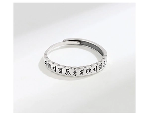 Detailed view of S925 sterling silver ring with engraved vintage Buddhist mantras