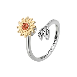 Bague fidget tournesol en argent S925 avec gravure You are my sunshine au dos
