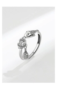 Close-up of S925 sterling silver stamp and vintage lotus koi fish details on ring