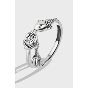 925 Sterling Silver Open Adjustable Ring For Women Vintage Ethnic Style Carp Lotus Flower Dangle Retro Thai Silver Jewelry Finger Ring
