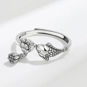 Retro S925 sterling silver open ring with koi fish lotus and tassel charm