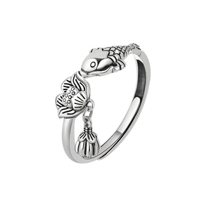 Vintage S925 silver adjustable ring featuring detailed koi fish and lotus flower charms