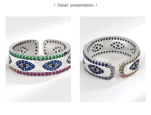 Détail macro d'une bague Evil Eye en argent S925 avec zircons colorés et anneau réglable