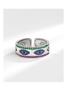 Vue détaillée d'une bague S925 Evil Eye sertie de zircons colorés et anneau ouvert