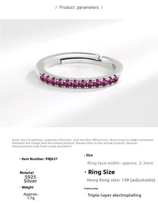 Macro-opname van de S925 zilveren ring met paarse zirkonia en verstelbare open ringband