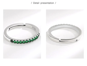 Detailweergave van verstelbare ring van S925 sterling zilver met groene zirkonia