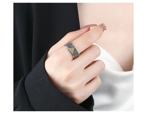 Detailed close-up of 925 silver retro Eye of Providence ring with gold-plated triangle