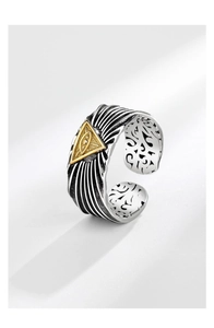 Detailed close-up of retro 925 silver Providence Eye ring with vintage oxidized finish