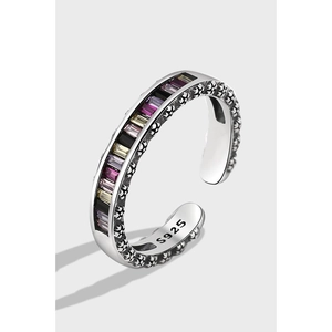 Vintage 925 Sterling Silver Rainbow Zirconia Ring For Women Retro Thai Silver Cross Floral Engraved Adjustable Open Ring Fine Jewelry