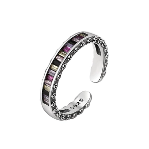 Elegant S925 sterling silver open ring featuring colorful zircon stones and retro texture
