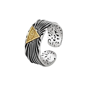 Retro 925 silver God's Eye ring with gold triangle inlay and adjustable open band design