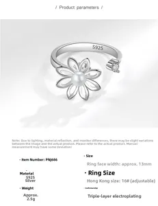 Detailansicht eines S925 Sterling Silber Drehrings mit Gänseblümchen und weißer Perle