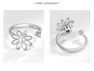 Detailansicht des S925 Sterlingsilber Drehrings mit Gänseblümchen, Perle und Zirkon-Akzent