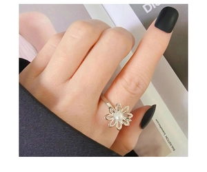 Detailansicht eines S925 Silber Drehringes mit Blume und Perle am Finger