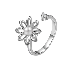 Drehbarer Gänseblümchen-Ring aus S925 Silber mit weißer Perle und Zirkon-Verzierung
