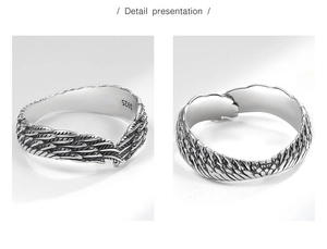 Detailed close-up showing S925 sterling silver stamp and intricate feather texture on rings