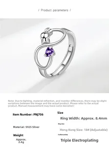 Macro view of S925 sterling silver spinning ring with purple heart zircon and dimensions