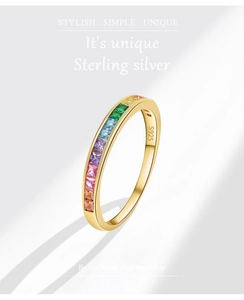 Macro detail of rainbow zircon square stones micro-paved on a S925 sterling silver ring