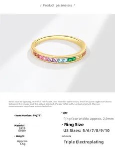 Macro detail of S925 silver rainbow zircon ring with specifications and 2.9mm width