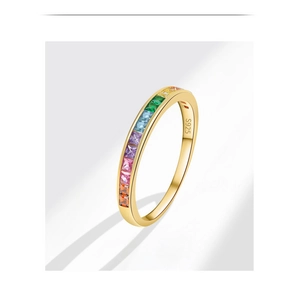 Close-up of rainbow zircon gold ring showing S925 sterling silver stamp and colorful gems