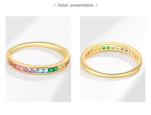 Detailed macro view of square rainbow zircon stones on gold rings with micro-inlay finish