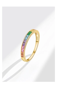 Detail view of S925 sterling silver stamp on golden rainbow zircon square cut ring