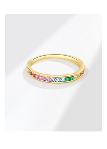 Detailed macro view of gold-plated ring featuring square-cut rainbow gradient gemstones