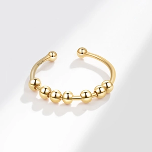 Anillo abierto minimalista de plata S925 con 8 cuentas doradas móviles para ansiedad