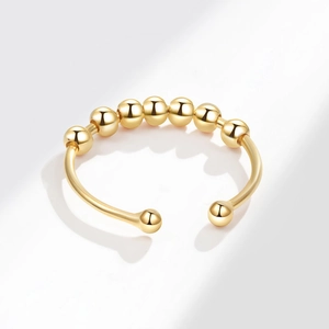 Anillo antiestrés ajustable de plata S925 con 8 cuentas móviles y baño de oro