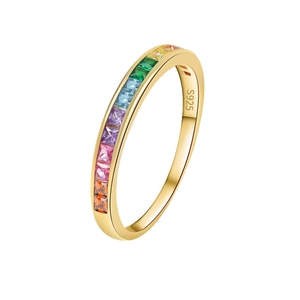 S925 silver rainbow zircon ring with square cut stones in a gold plated finish
