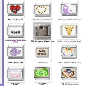 Detailed selection of various Italian Charms designs for DIY stainless steel bracelets
