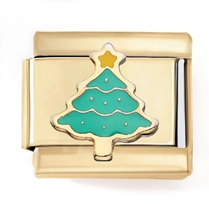 Golden stainless steel Italian charm link featuring a green enamel Christmas tree design