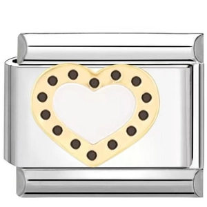Italian charm bracelet link in silver stainless steel with 18K gold heart and black dots
