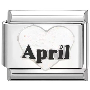 Silver modular charm bracelet link featuring a white heart inlay with April text