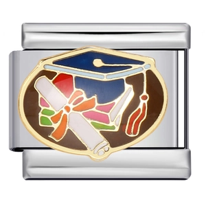Close-up of stainless steel Italian charm link with graduation cap and scroll enamel design