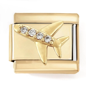 Detailed view of golden Italian charm link with airplane design and clear crystals