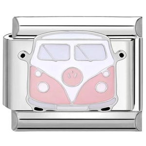 Detailed close-up of a pink retro bus enamel charm for DIY stainless steel bracelets