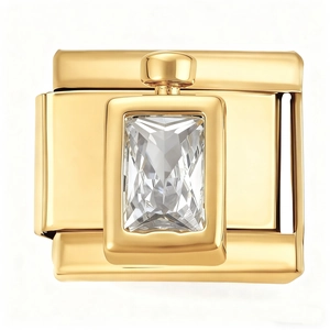 Detailed close-up of a gold-plated stainless steel Italian charm with rectangle crystal