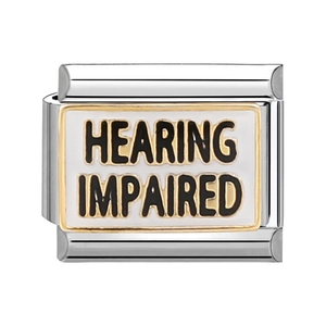 Detailed macro of Italian charm link in stainless steel with Hearing Impaired text label