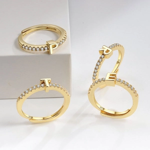 Adjustable S925 sterling silver alphabet rings with white zircon stones in gold finish