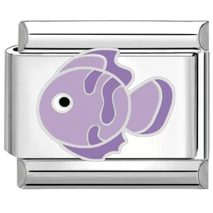 Detailed view of Italian charm link featuring a purple tropical fish enamel design