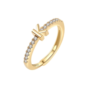 Adjustable S925 silver open ring with 18K gold finish, pavé cubic zirconia and letter K