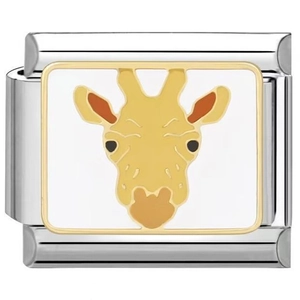 Macro shot of stainless steel Italian charm link with yellow giraffe enamel pattern