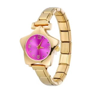 Montre étoile en acier doré avec bracelet modulable et cadran rose vif élégant