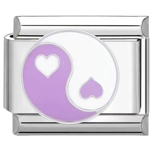 Macro detail of stainless steel Italian charm featuring a purple and white Yin Yang heart