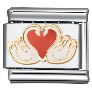 Detail of stainless steel link charm with enamel white swans and red heart design