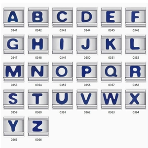 Italian charm bracelet links featuring blue enamel A-Z letters on stainless steel base