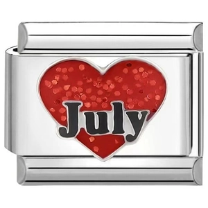 Detailed close-up of a stainless steel Italian charm with a red July heart design