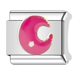 Polished stainless steel charm link with pink crescent moon and star for DIY bracelet